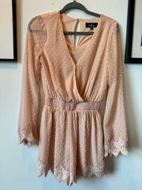 Lulu's Blush Pink Swiss Dot Lace-Trim Romper